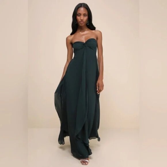 Intricate Perfection Emerald Green Strapless Ruffled Maxi‎ Dress XS - Picture 1 of 9